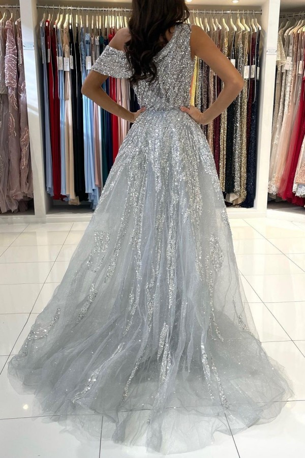 Silver Grey One Shoulder Sequined Floor Length Prom Party Dress