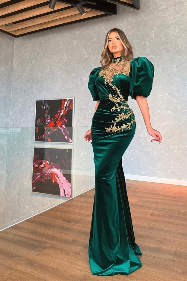 Bubble Sleeves Satin Gold Appliques Mermaid Prom Dresses