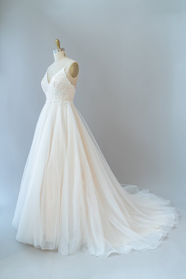 V-neck White A-line Satin Garden Bridal Gowns