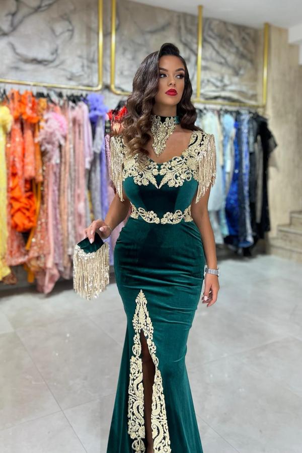 Sexy Halter Velvet Dark Green Mermaid Prom Dress with Gold Appliques with Tassels