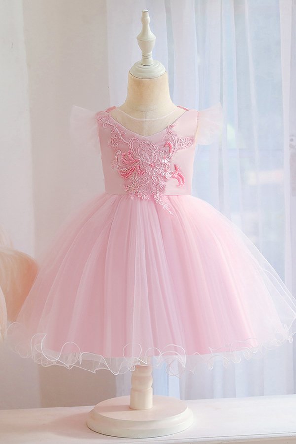 Pink sleeveless vneck a-line puffy princess flower gril dress