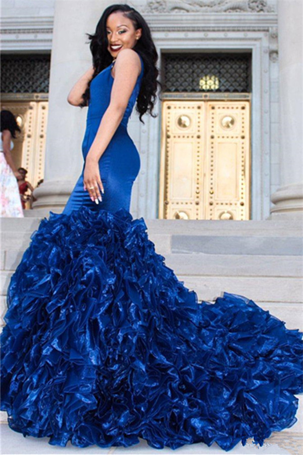 Glamorous Mermaid Ruffles Sleeveless Pink V-neck Prom Dress