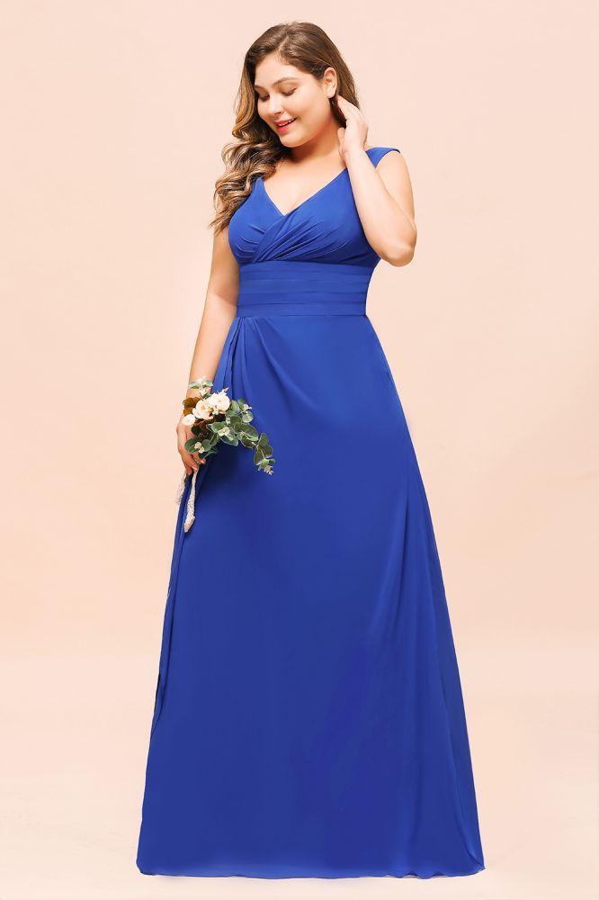 Plus Size V-Neck Ocean Blue V-Neck Aline Evening Dress for Women Long Bridesmaid Dress