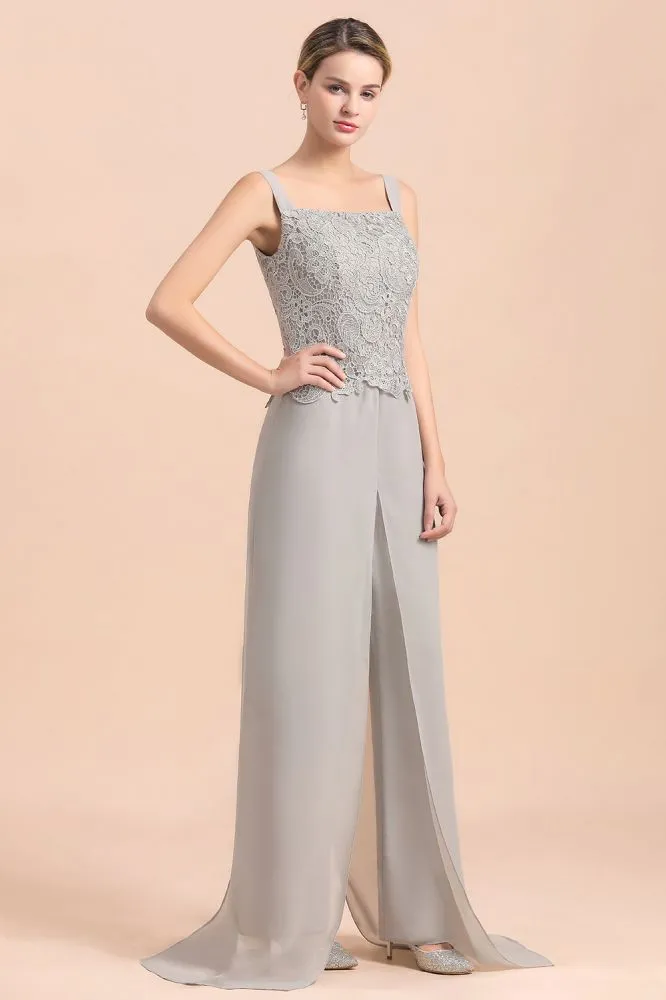 Silver Chiffon Motherr of the Bride Dress Lace Appliques JumpSuit with Long Sleeves