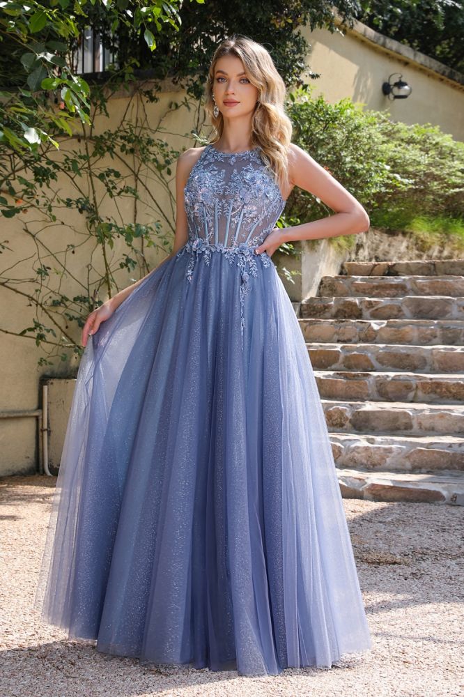 Chic Crew Neck Floor Length Prom Dress Tulle Lace Appliques A-line Evening Dress