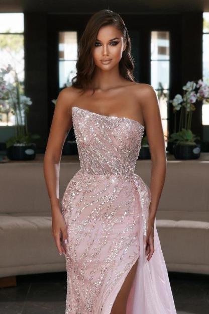 Pink Sparkly Sequins Side Slit Evening Dress Strapless Tulle Prom Gown
