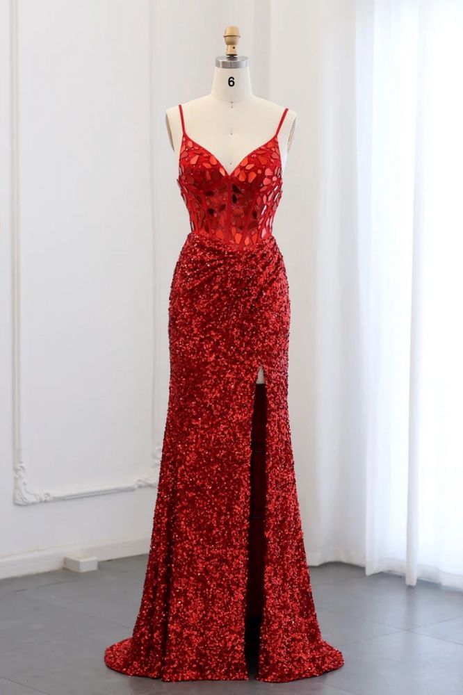 Sexy Spaghetti Straps Sequin Mermaid Prom Evening Dresses Black Long Party Gowns with Side Slit