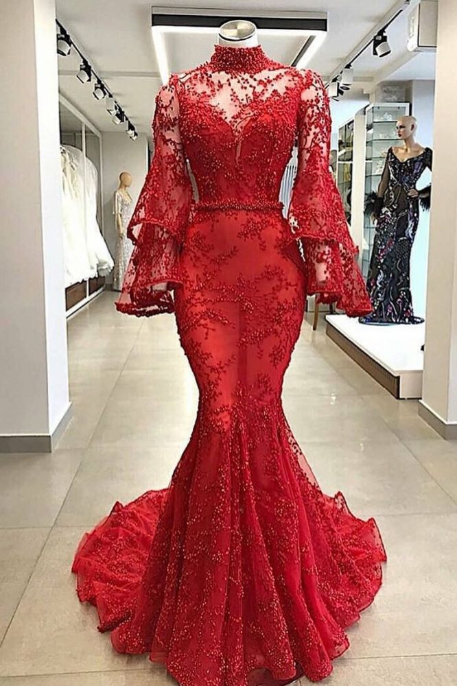 High Neck Long Sleeves Mermaid Beading Applique Chapel Train Prom Dress