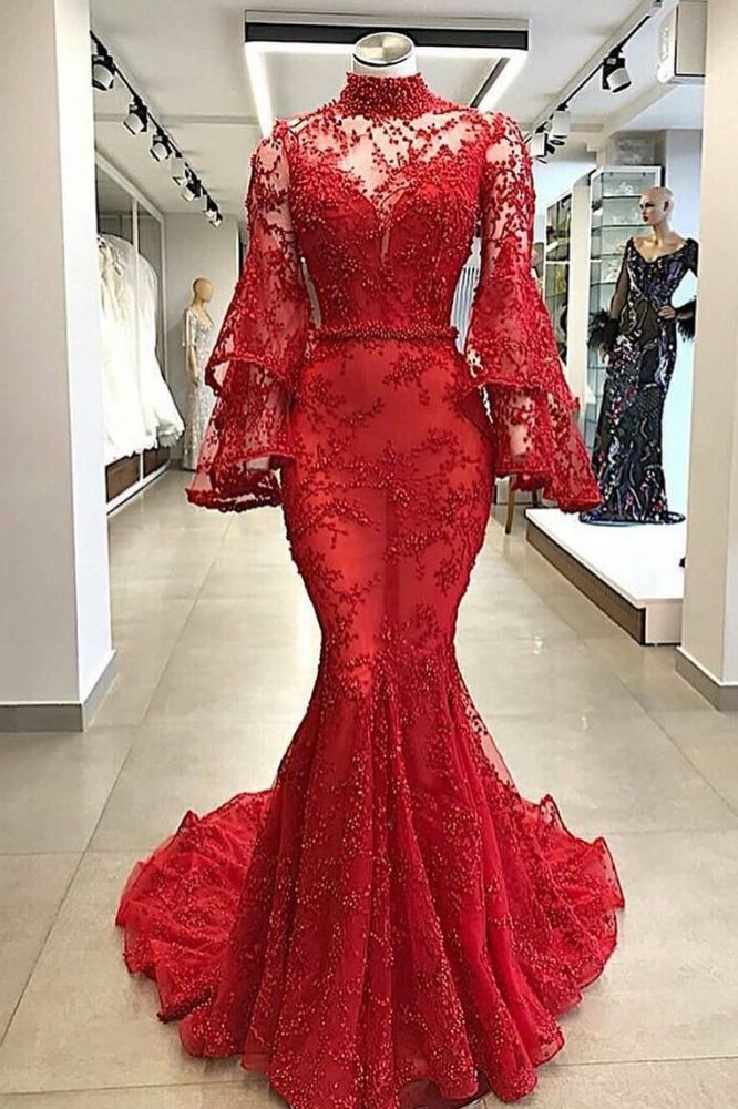 High Neck Long Sleeves Mermaid Beading Applique Chapel Train Prom Dress