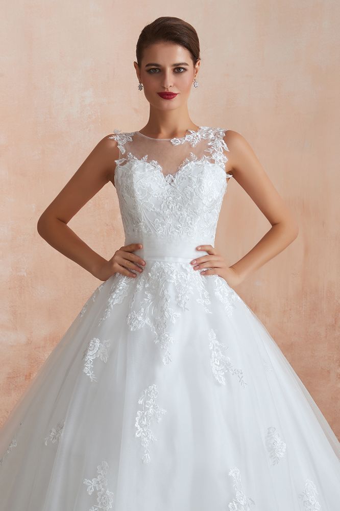 Cain | Illusion Neck White Wedding Dress with exqusite Lace Appliques, Sleeveless V-back Bridal Gowns Online-Babyonlinewholesale