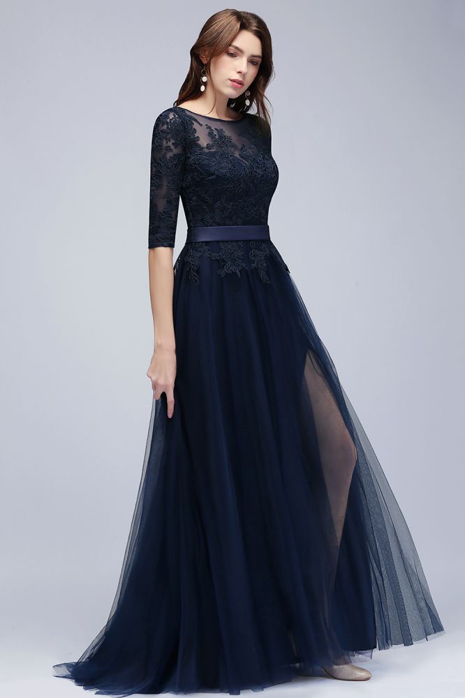 NANA | A-line Half Sleeves Floor Length Slit Appliqued Tulle Prom Dresses with Sash