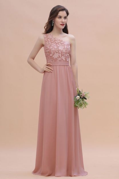 One Shoulder Dusty Pink Floral Pattern Aline Bridesmaid Dress