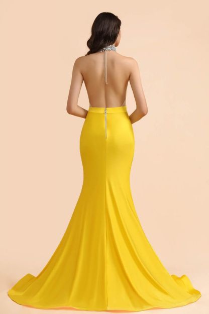 Sexy Yellow Sleeveless Crystals Sheer Tulle Prom Dresses 2021 | Mermaid Formal Evening Gowns