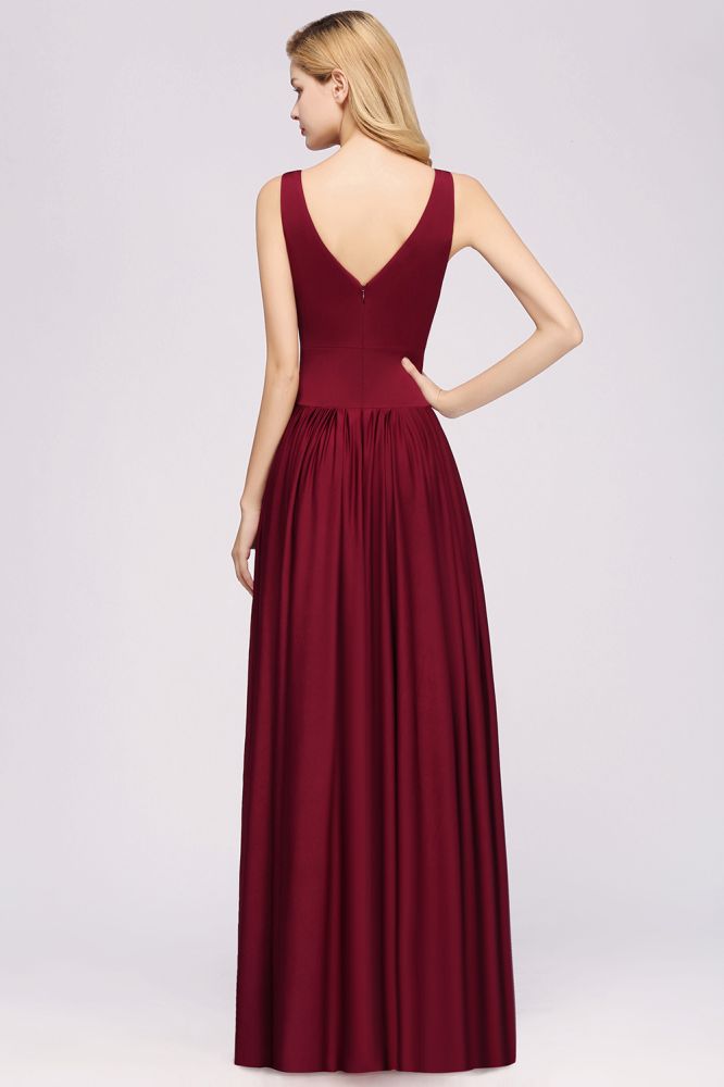 A-Line Jersey V-Neck Sleeveless Long Bridesmaid with Ruffles