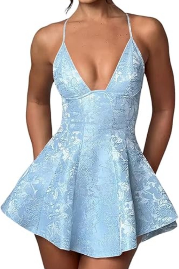 Simple Halter Short Satin Homecoming Dress Jacquard Mini Party Dress with Cross Straps