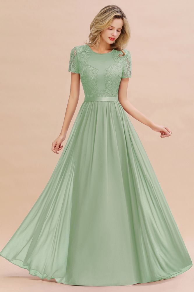 Retro Chiffon Lace Scoop Short-Sleeves Online Bridesmaid Dress