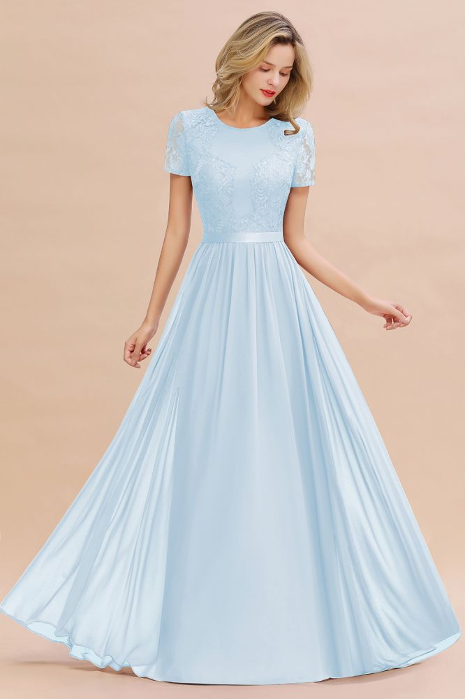 Retro Chiffon Lace Scoop Short-Sleeves Online Bridesmaid Dress