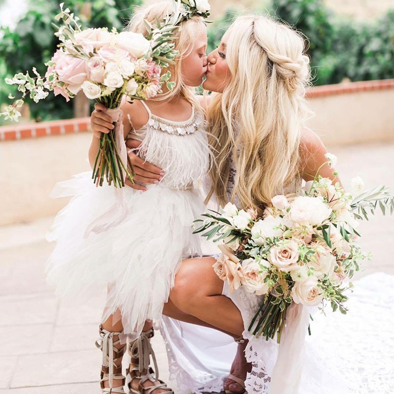 Lovely Spaghetti Straps White Short Flower Girl Dresses | Boho Tea Length Gowns with Feather for Spring Garden Wedding-Babyonlinewholesale