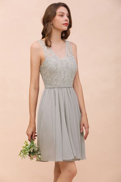 Chic V-Neck Lace Chiffon Short Party Dress Aline Bridesmaid Dress