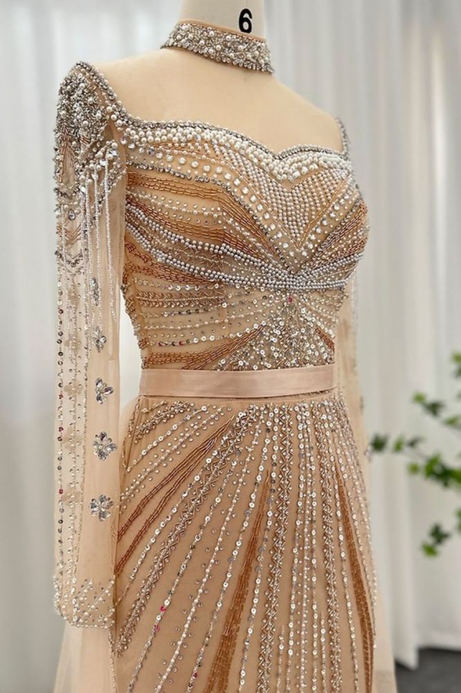 Gorgeous High Neck Beading Sequins Mermaid Evening Gown Long Sleeves Tulle Party Dress with Sweep Train-Babyonlinewholesale