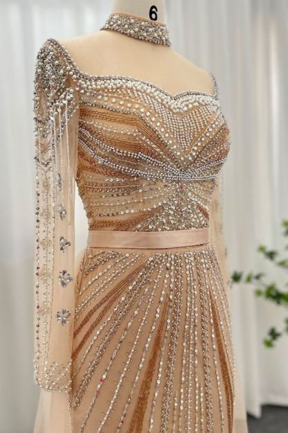 Gorgeous High Neck Beading Sequins Mermaid Evening Gown Long Sleeves Tulle Party Dress with Sweep Train-Babyonlinewholesale