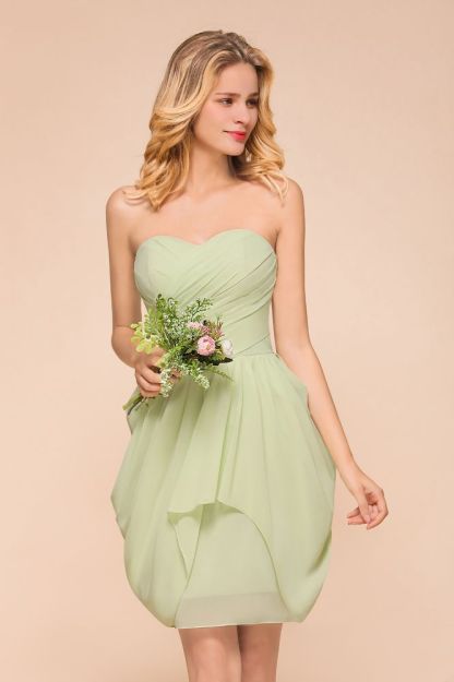 Strapless sage mini length chiffon bridesmaid dress