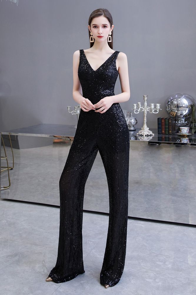 Sexy Shining V-neck Silver Sequin Sleeveless Prom Jumpsuit