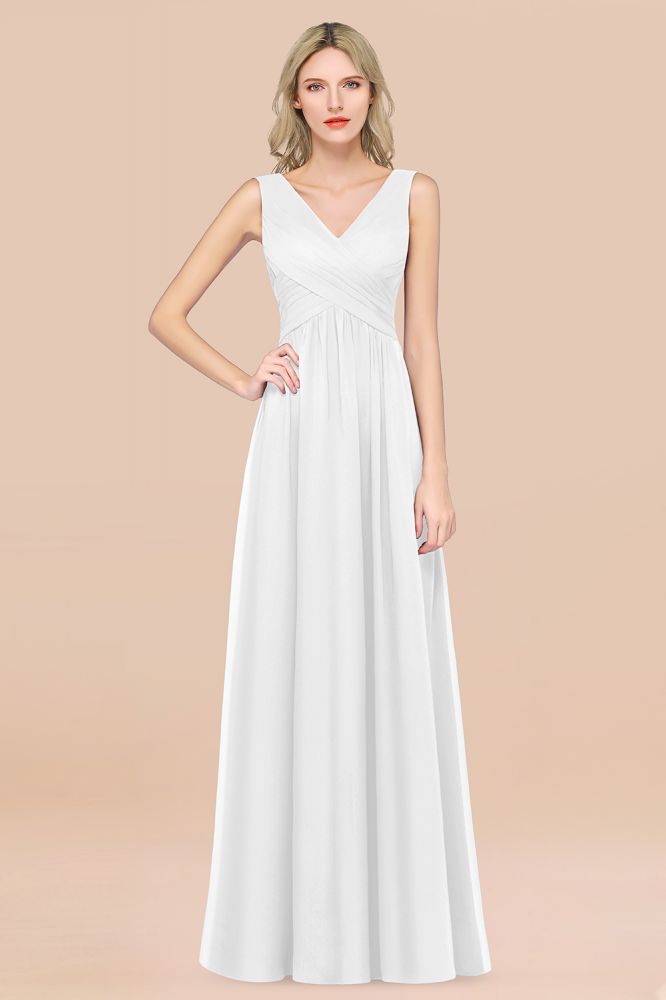 Chiffon A-Line Straps V-Neck Sleeveless Long Bridesmaid Dress with Ruffles