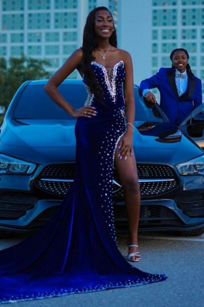 Sleeveless Velvet Mermaid Prom Dress with Side Slit Crystals V-Neck Long Party Dress