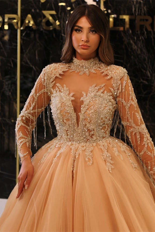 Long sleeves High neck champange tulle ball gown evening dress