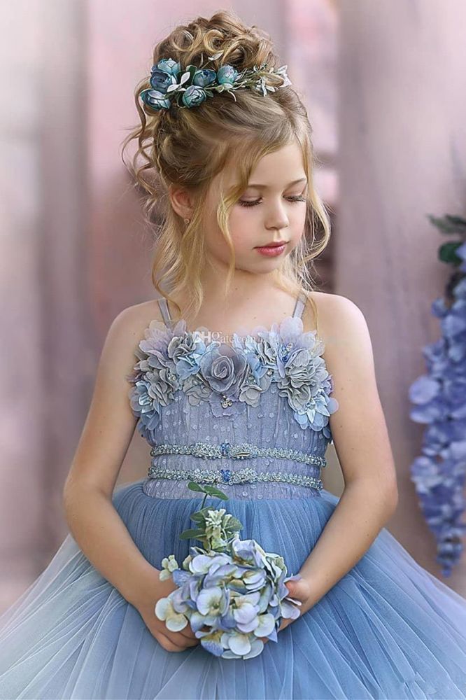 Cute Strapless Dusty Blue Ruffles Puffy Princess Flower Girl Dresses