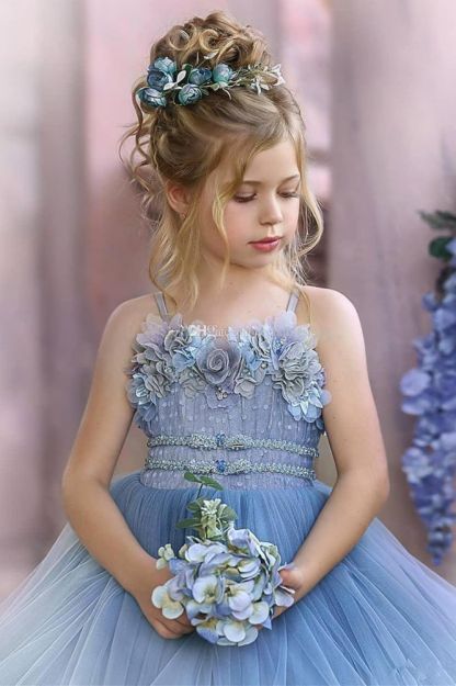 Cute Strapless Dusty Blue Ruffles Puffy Princess Flower Girl Dresses