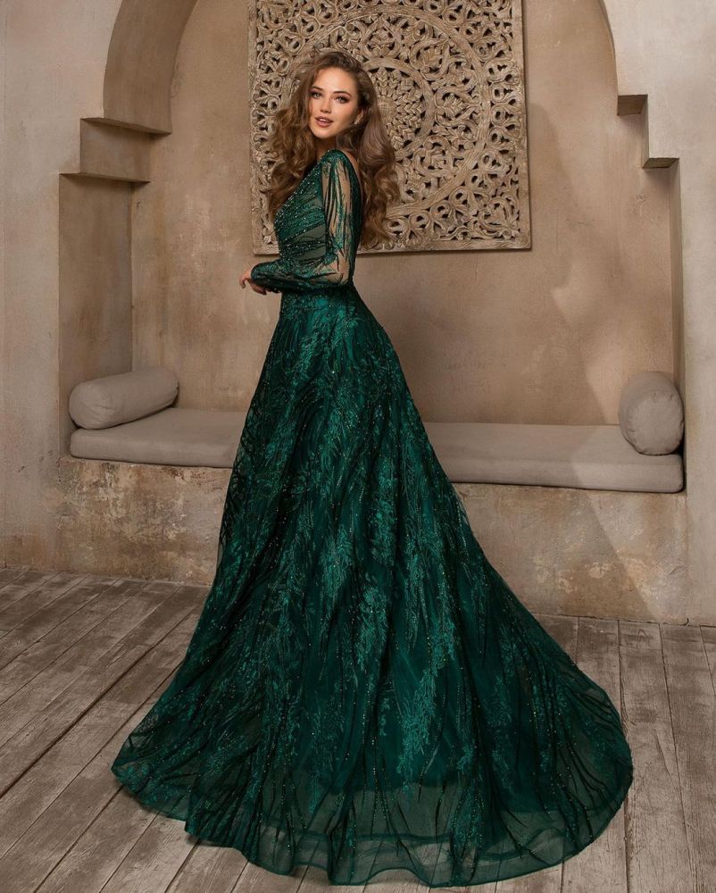 Stylish Long Sleeves Dark Green Evening Maxi Dress