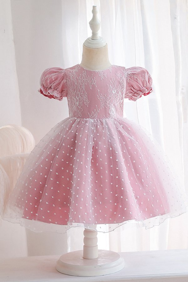 Bubble sleeves A-line hot pink cute flower girl dress