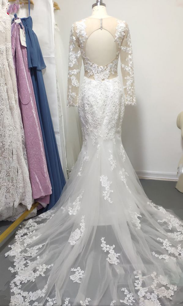 Off the shoulder long sleeves white v-neck mermaid lace wedding dress