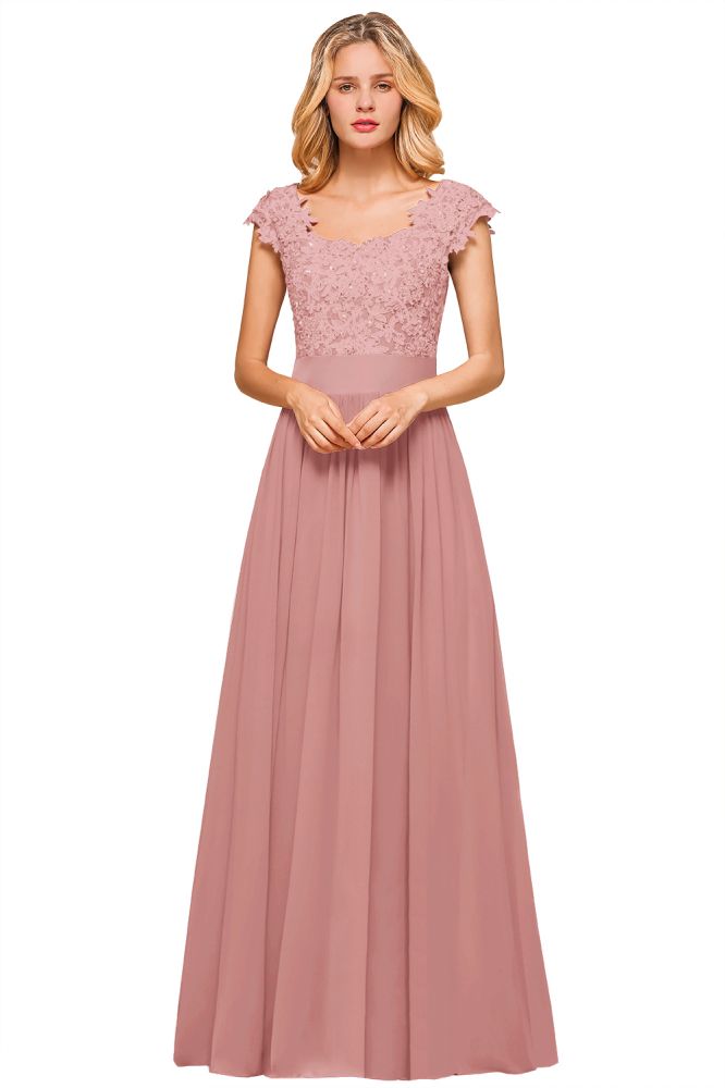 Burgundy Cap sleeves Lace Evening Gowns with Appliques | Chiffon Long Mother of the bride dress
