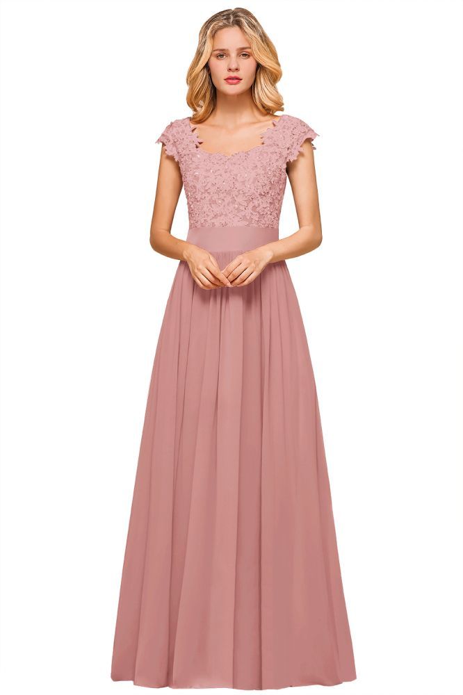 Burgundy Cap sleeves Lace Evening Gowns with Appliques | Chiffon Long Mother of the bride dress