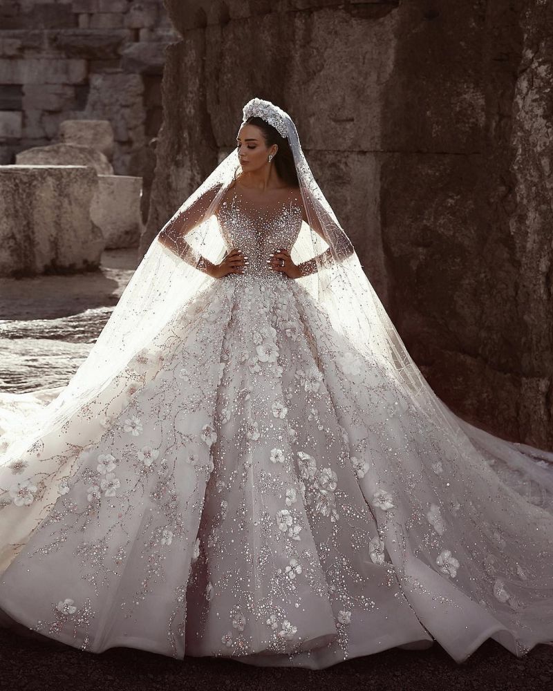 Luxury Beading Floral Bridal Gowns | Sheer Neck Long Sleeves Ball Gown Wedding Dresses