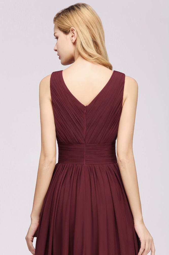 A-Line Chiffon V-Neck Sleeveless Long Bridesmaid Dress with Ruffles