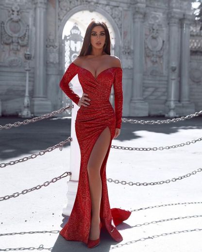 Burgundy Mermaid Evening Gown with Sleeves Splitfront Sexy Party Dress