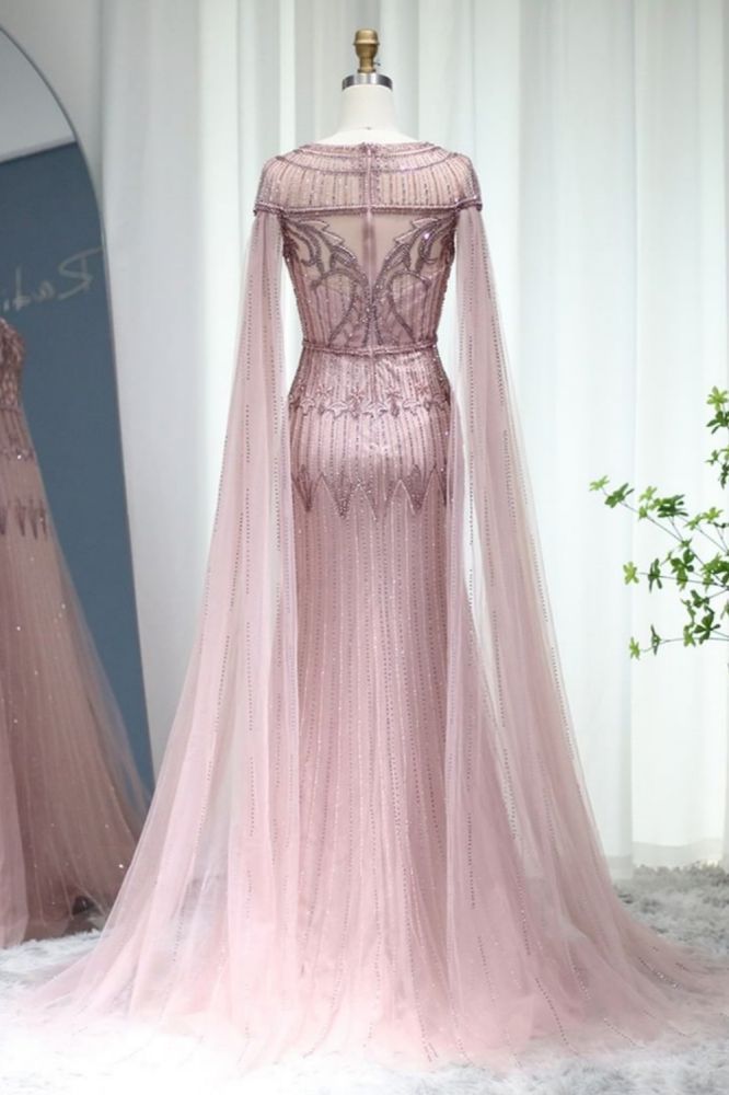 Luxury Scoop Neck Beading Mermaid Evening Dress Cape Sleeves Dubai Wedding Party Gown