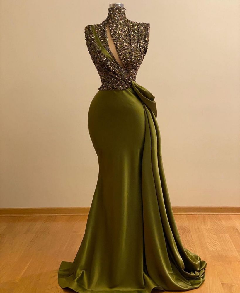 High neck Keyhole Mermaid Satin Prom Dresses