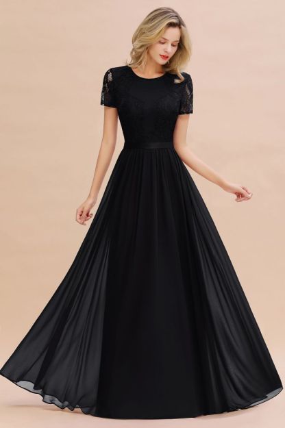 Retro Chiffon Lace Scoop Short-Sleeves Online Bridesmaid Dress