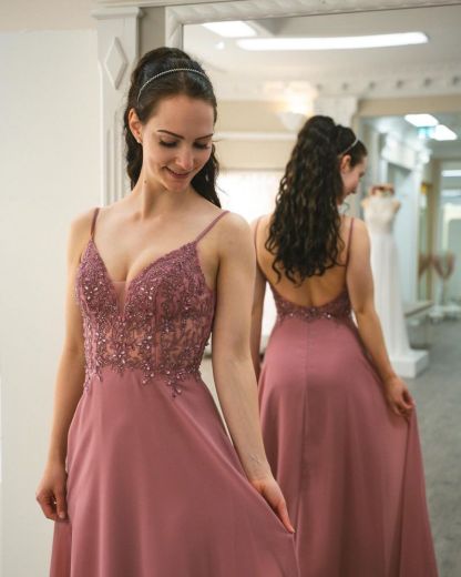 Charming V-Neck Beading Chiffon Evening Dress Backless Straps Prom Dress