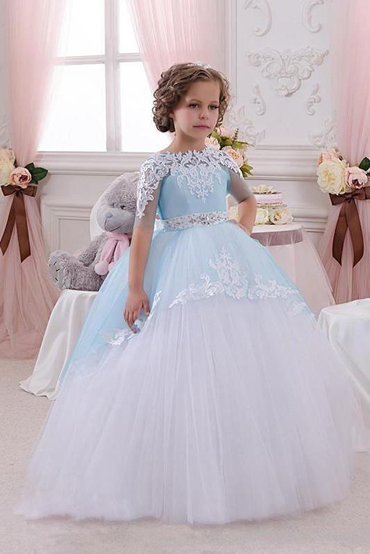 Half Sleeves Princess Tulle Pegant Dress for Kids with White Lace Appliques