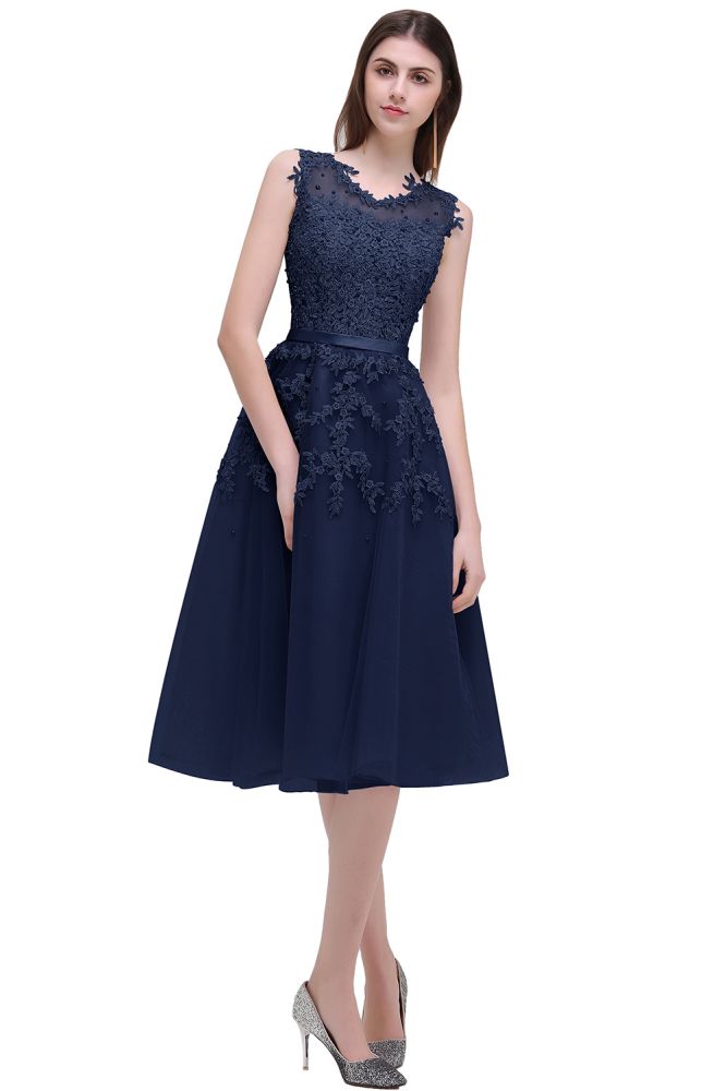 EMORY | A-Line Crew Tea Length Lace Appliques Short Prom Dresses