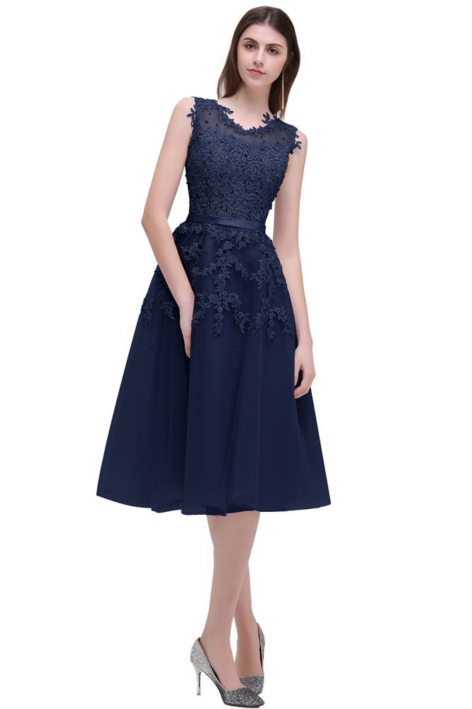 EMORY | A-Line Crew Tea Length Lace Appliques Short Prom Dresses