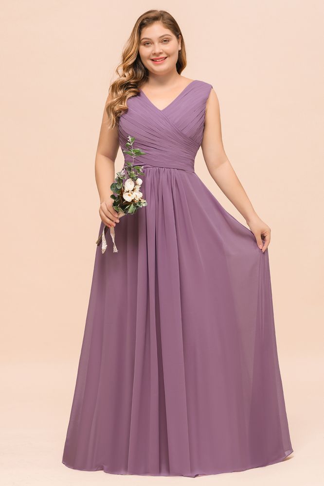 Plus Size Sleeveless Wrinkles Chiffon Chiffon Bridesmaid Dress V-Neck Long Evening Dress