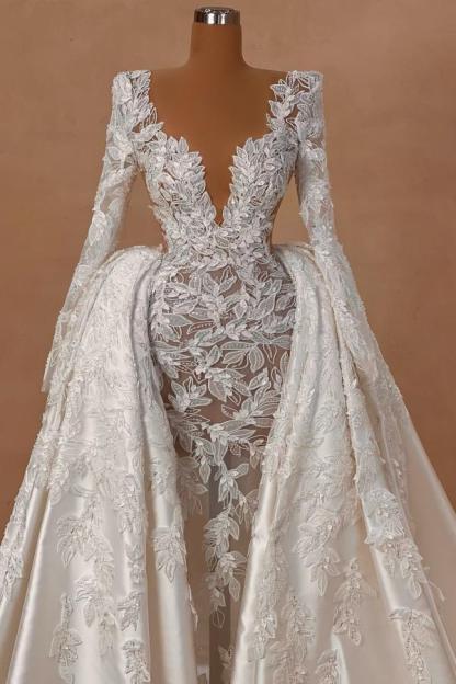 Gorgeous V-neck Trumpet Bridal Gown with Detachable Sweep Train Long Sleeves Floral Wedding Gowns