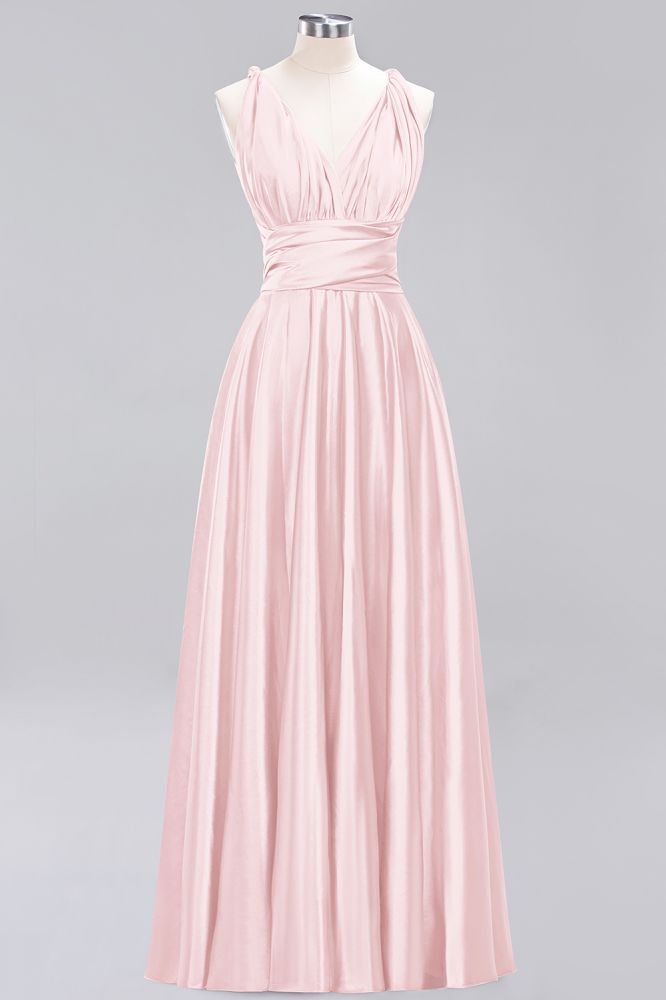 Simple A-Line V-Neck Sleeveless Floor Length Convertible Bridesmaid Dress with Ruffles